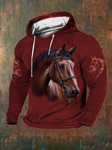 Men's Retro Casual Horse Print Hoodie