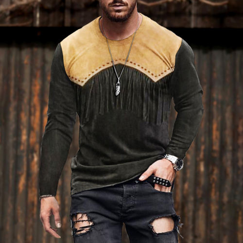 Men's Retro Color Matching Casual Long Sleeved T-Shirt