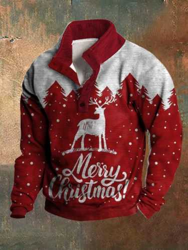 Men's Fleece Christmas Elk Stand Collar Sweatshirt