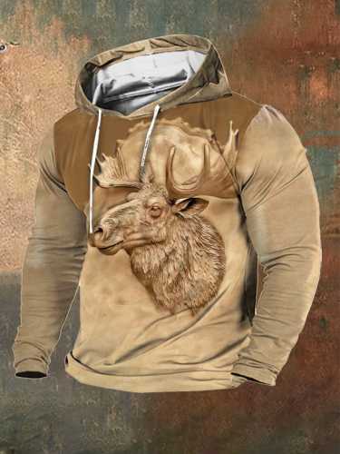 Men's Retro Western Patchwork 3D Moose Print Hooded Sweatshirt