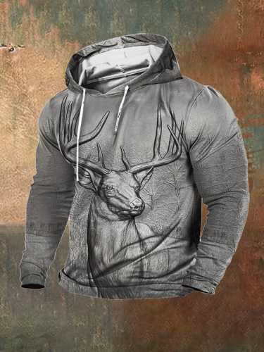 Men's Fleece Retro Western 3D Metallic Deer Print Hooded Sweatshirt