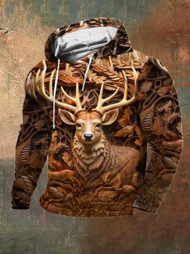 Men's Retro Western 3D Deer Print Hooded Sweatshirt