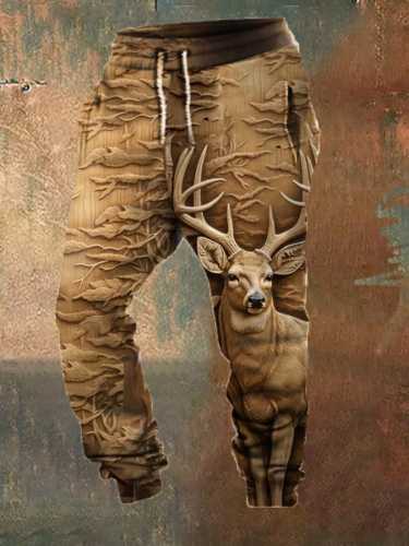 Men's Retro Western 3D Deer Print Elastic Waist Tie-Up Sweatpants