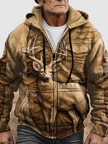 Men's Western Retro 3D Deer Print Hooded Plush Jacket