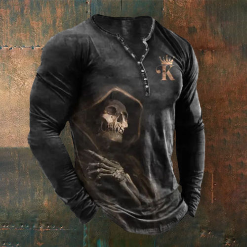 Men'S Death Skull Henley Collar T-Shirt