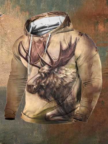 Men's Retro Western Distressed 3D Moose Print Hooded Sweatshirt