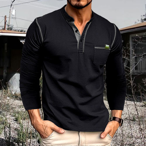 Western Casual Pocket Solid Color Long Sleeve Henley T-Shirt