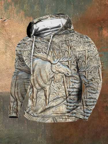 Men's Fleece Retro Western 3D Metallic Moose Print Hooded Sweatshirt