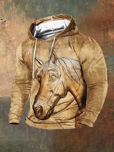 Men's Fleece Retro Western 3D Metallic Horse Print Hooded Sweatshirt