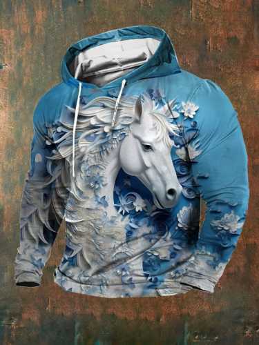 Men's Retro Casual Horse Print Hoodie
