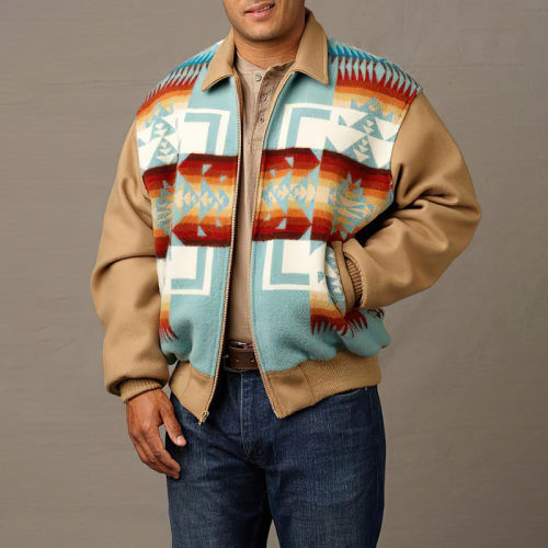 Vintage Color Contrast Ethnic Zip-Up Jacket