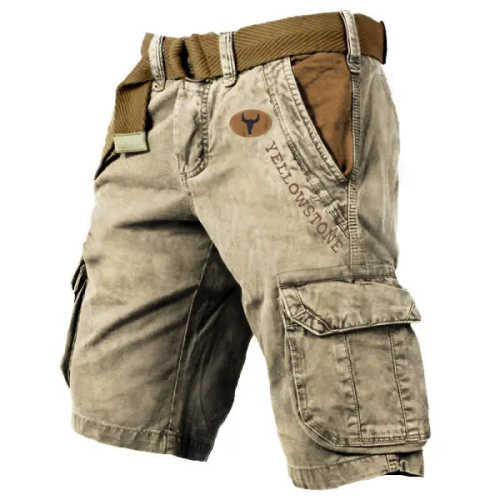 Men's Vintage Yellowstone Wash Print Multi-Pocket Tactical Shorts - 23250