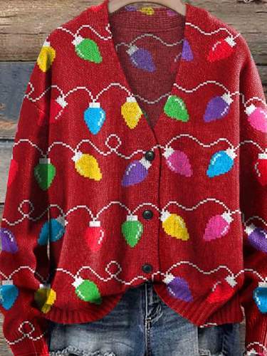Christmas Lights Print Buttoned Cardigan Sweater