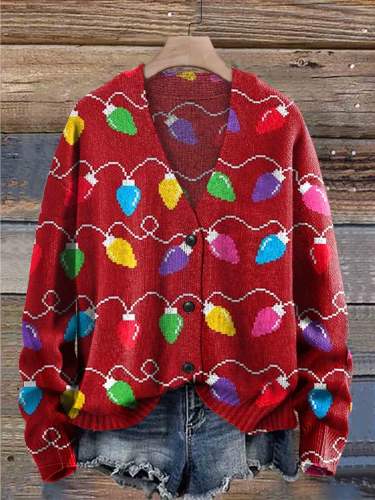 Christmas Lights Print Buttoned Cardigan Sweater