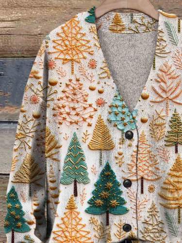 Christmas Trees Print Buttoned Cardigan Sweater