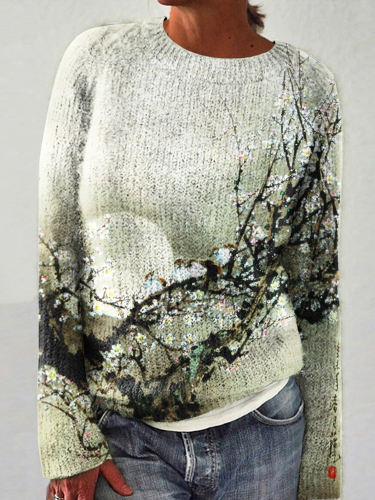 Vintage Floral Printed Crew Neck Cozy Sweater