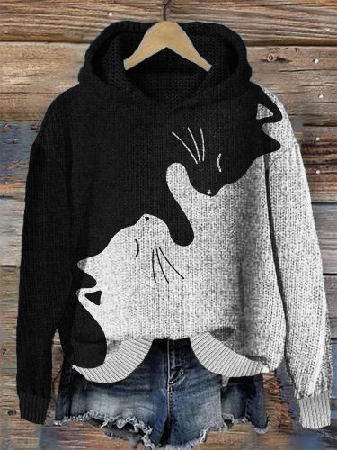 Black & White Cats Contrast Color Cozy Knit Hoodie