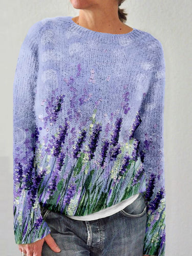 Lavender Painting Art Crew Neck Cozy Sweater