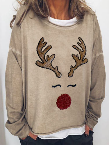 Christmas Reindeer Face Embroidery Art Oversize Sweatshirt