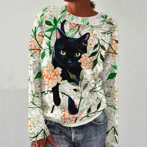 Flower And Cat Print Crew Neck Knitted Sweater