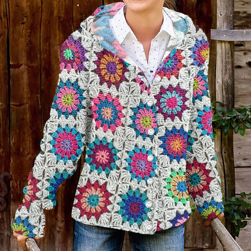 Vintage Afghan Blanket Woven Printed Knitted Cardigan