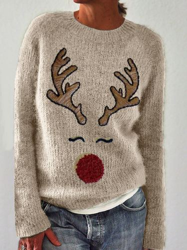 Christmas Reindeer Face Embroidery Art Cozy Sweater