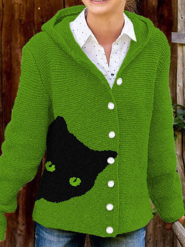 Black Cat Knit Art Cozy Hooded Button Cardigan
