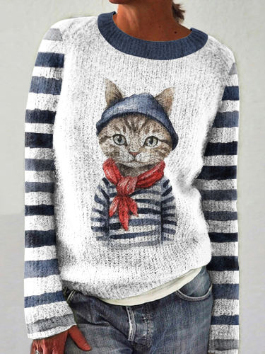 Cute Cat Stripes Pattern Crew Neck Cozy Sweater