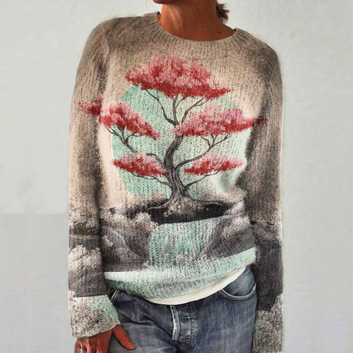 Landscape Art Floral Painting Printed Crew Neck Cozy Sweater