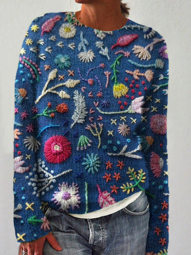 Vintage Embroidered Floral Pattern Crew Neck Sweater