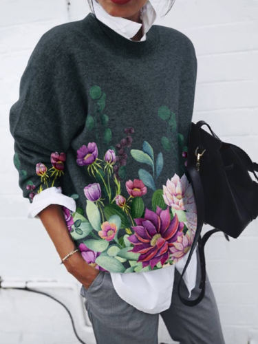 Flower Printed Round Neck Pullover Knitted Sweater
