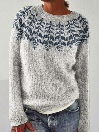 Vintage Floral Printed Icelandic Knit Pullover Sweater