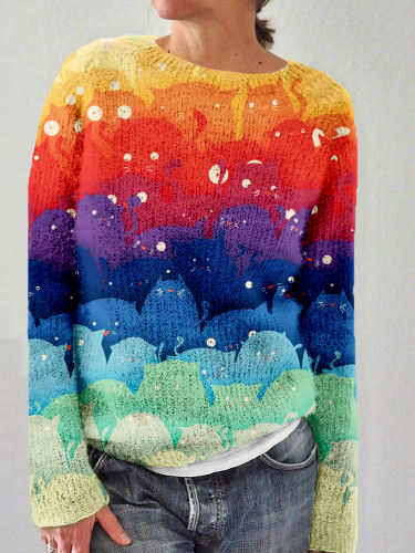Colorful Crowded Cats Art Crew Neck Comfy Sweater