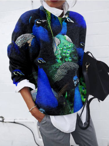 Fashion Peacock Pattern Round Neck Pullover Knit Sweater