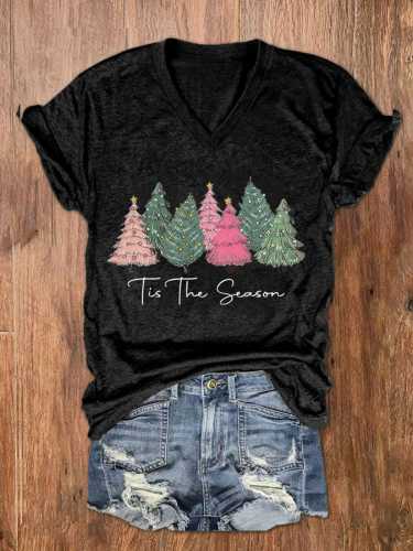 Women's Tis The Season Colorful Christmas Trees Printed T-Shirt