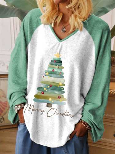 Women's Merry Christmas Tree Printed Raglan Sleeve V-neck Long-sleeved Top