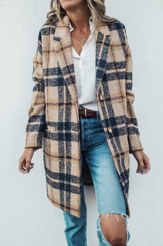 Casual Plaid Print Without Belt Turn-back Collar Outerwear