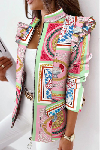 Print Flounce Zipper Mandarin Collar Outerwear(5 Colors)