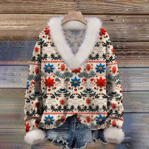 Christmas Print Knit Pullover Fur Collar Sweater