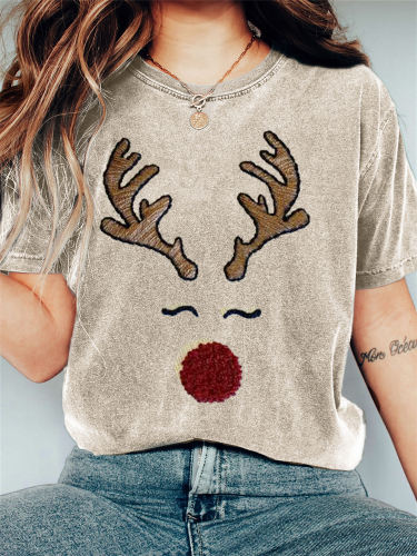 Christmas Reindeer Face Embroidery Art Vintage T Shirt