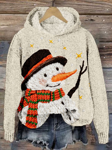 Cute Snowman Embroidery Art Cozy Knit Hoodie