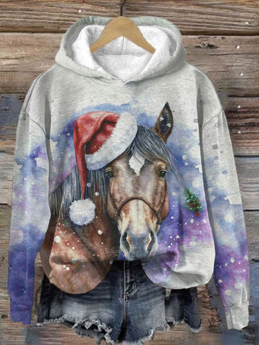 Christmas Horse Print Casual Hoodie