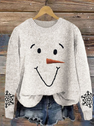 Snowman Face & Snowflakes Embroidery Cozy Knit Sweater
