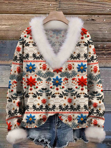Christmas Print Knit Pullover Fur Collar Sweater