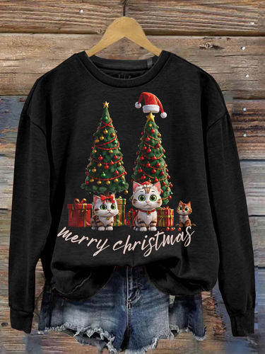 Women's Cat Christmas Tree Round Neck Sweatshirt