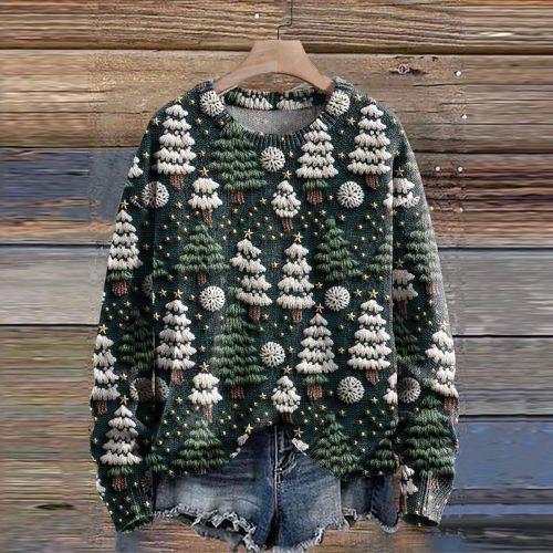 Vintage Christmas Tree Print Knit Pullover Sweater