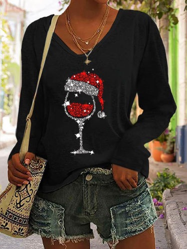 Christmas Wine Glass Print V-Neck Long Sleeved T-Shirt