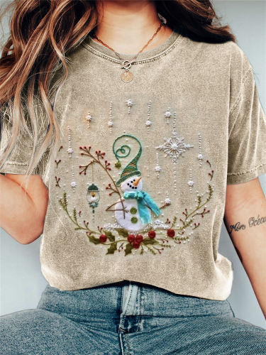Christmas Snowman Embroidery Art Vintage T Shirt