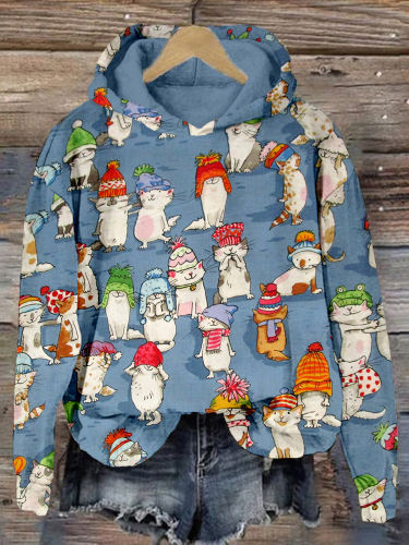 Winter Christmas Cats in Hats Vintage Cozy Hoodie