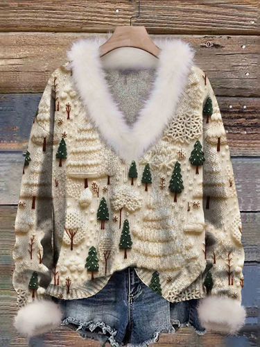 Christmas Tree Print Knit Pullover Fur Collar Sweater